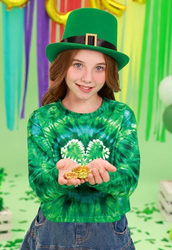 Image of Big Girl's St.Patrick's Lucky Irish Long Sleeve Crop Tops Shamrock Soft Funny Shirt Tie Dye 12 Years