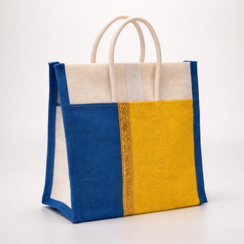 Image of Soman Jute Thamboolam Bags for Return Gifts Yellow and Royal Blue Combo - Pack of 10 bags