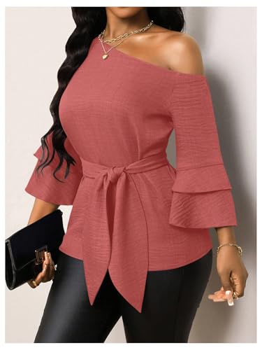Floerns Women's Asymmetrical Neck Dressy Blouse 3/4 Length Bell Sleeve Office Belted Shirts4