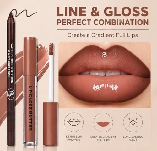 Image of 2PCS Lip Gloss with Brown Lip Liner Lip Combo Set - Caramel Latte Soft Brown Nude Shade for Chic Daily Makeup, Lip Plumping Effect, High Shine Gloss Finish, Overlined Lips for Fuller Looking Lips