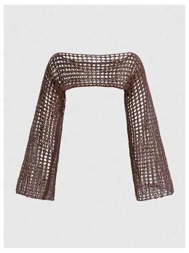 Verdusa Women's Hollow Out Sheer Shrug Sweaters Crochet Boat Neck Bell Sleeve Knit Pullovers Tops2