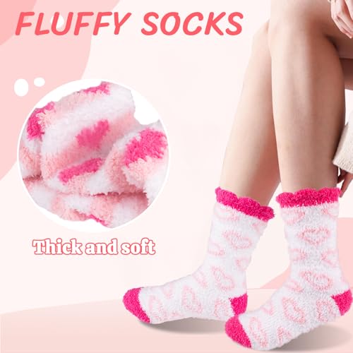 Image of Evankin Women's Heart Fuzzy Socks, 5 Pairs Soft Plush Slipper Socks | Soft Plush Fleece Slipper Socks With Pink Heart Designs, Five Cozy Pairs For Valentine's Day Gifts And Cold-Weather Lounging