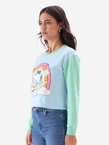 Image of The Souled Store Peanuts: Groove Women and Girls Blue Long Sleeve Round Neck Graphic Printed Oversized Crop Fit Pre-Winter Tops Sweatshirts Hoodies Pullovers Graphic Printed Colors Sportswear Casual