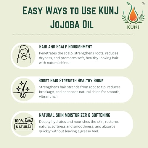 Image of KUNJ Jojoba Oil (Simmondsia chinensis) 100ML - 100% Pure & Natural, Cold Pressed, Undiluted - Therapeutic Grade Carrier Oil for Skin Care, Hair Nourishment & Hydration