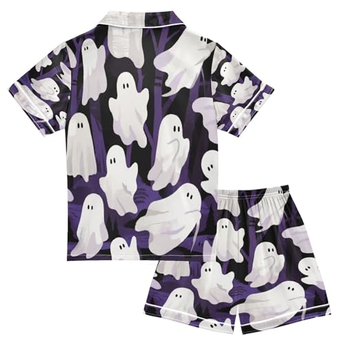 Satin Pajama Sets Short Sleeve Ghostly Figures on Purple Background Button Down Silky Nightwear 2 Piece PJS 5-14Y2