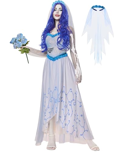 Funna Corpse Bride Kostüm Damen Kleid mit Schleier Halloween Cosplay, Weiss/opulenter Garten, Large (12-14)