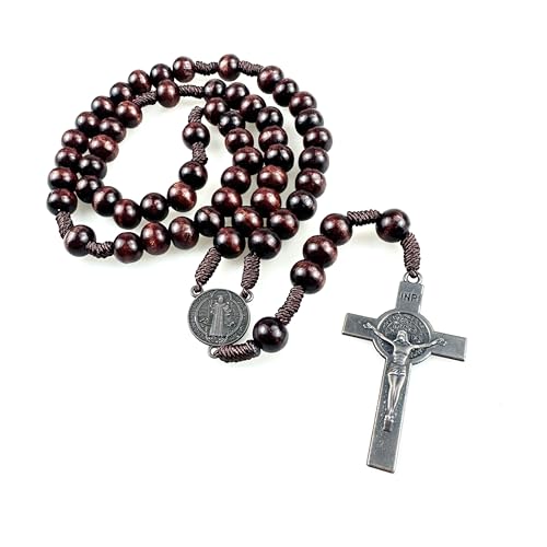 lulucross 10mm Men's Catholic Wooden Red String Cross Rosary Necklace,Gift Box Packaging, Is an Ideal Rosary for Men and Women to Pray and Meditate (brown)