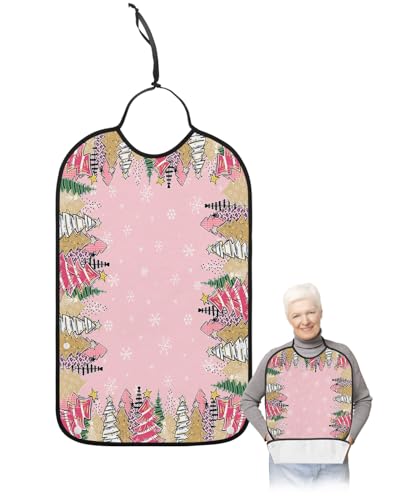 Adult Bibs for Elderly Women - Pink Christmas Tree Waterproof Dining Clothing Protectors with Crumb Catcher for Eating/Feeding, Pink Beige Green Xmas Tree Snowflake Terry Cloth Bib Machine Washable