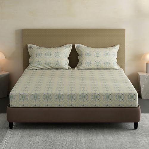 Image of Layers 100% Cotton Fitted Sheet for King Size Bed | Lumina Floret Collection | 144 TC Soft & Breathable | Printed with 2 Pillow Covers | Wrinkle Free & Colorfast | 3 Pc Bedding Set - Blue & Yellow