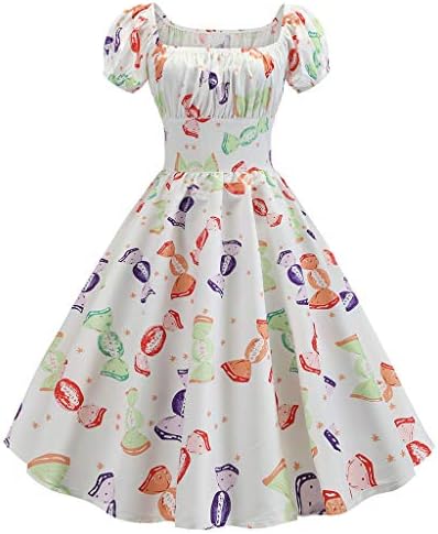 Women's Dress Ladies Vintage 1950s Floral Print Short Sleeve Swing Dress Retro A-Line High Waist Flare Pleated Prom Party Evening Gown Dress