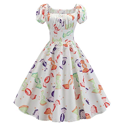 Fankle Women's Dress Ladies Vintage 1950s Floral Print Short Sleeve Swing Dress Retro A-Line High Waist Flare Pleated Prom Party Evening Gown Dress