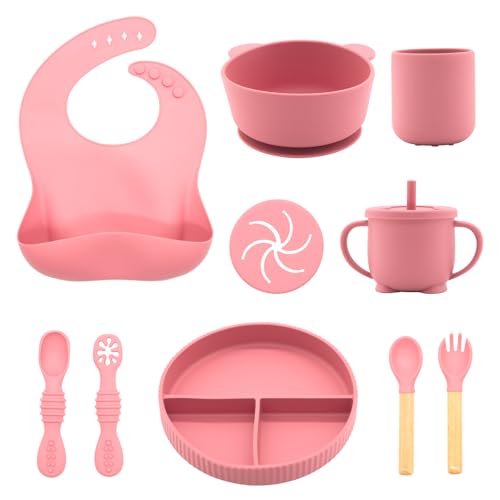CHCC Silicone Baby Feeding Set 10 Pcs, Baby Led Weaning Supplies, Baby Feeding EatincSupplies Set BPA Free, Baby Essentialsfor Newborn Gift Red