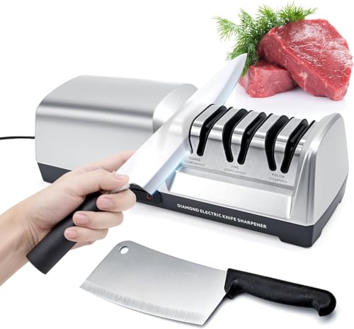 OEC-T5 Electric Knife Sharpener, Professional 3-Stage Electric Knife Sharpeners with Precision Angle Guide and Diamond Abrasive for Straight Edge, Kitchen Knives, Ceramic Knives. Silver OEC-T5 Electric Knife Sharpener, Professional 3-Stage Electric Knife Sharpeners with Precision Angle Guide and Diamond Abrasive for Straight Edge, Kitchen Knives, Ceramic Knives. Silver