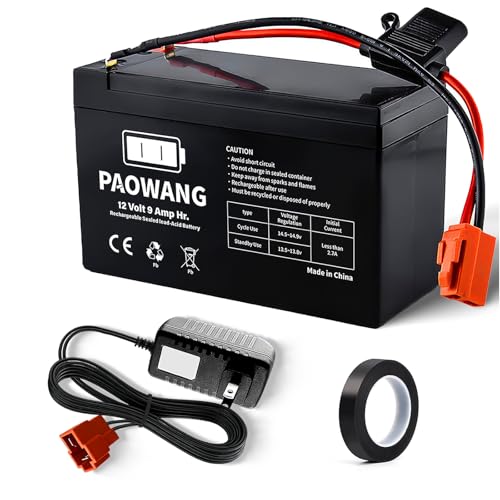 12v Battery for Ride On Toys Rechargeable for 12v Power Wheels Battery Replacement Kids Car Batteries 9Ah Lead Acid with Red 2 Pins Connector & 12v Universal Charger & Electrical Tape (Red 2 Pins)
