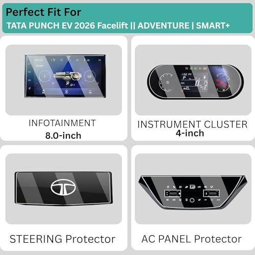 Image of Wisely 4Pcs - Screen Guard for TATA PUNCH EV (2026) ADVENTURE & SMART+ Car 8 Inch Display Infotainment System + 4inch Instrument Cluster + AC Panel Protector + Steering Cluster - Stereo Accessories - Touch Responsive - HD Clear