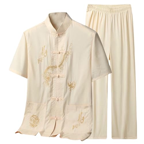 Costume en soie glacée homme manches courtes style chinois ensemble d'été respirant beige M