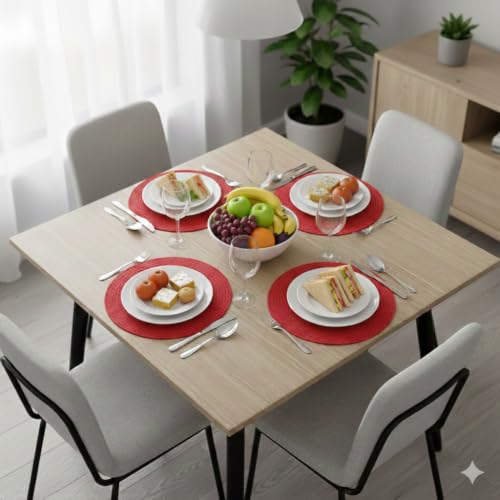 Image of Cotton Rope Placemats, Round Red with White Border, Set of 4, Heat Resistant Table Mats (red Plain)