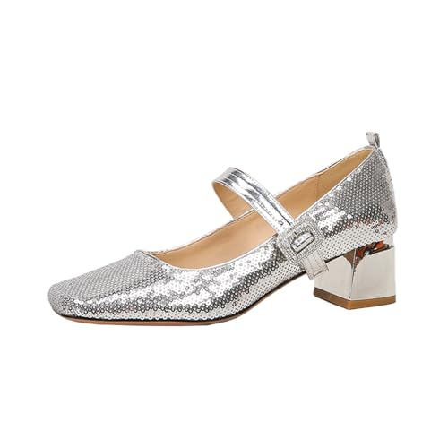 Women Sequins Glitter Square Toe Chunky Heel Mary Janes Fashion Buckled Strap Comfortable Mid Block Heel Pumps for Party Prom Date Wedding Daily 1.97 Inches