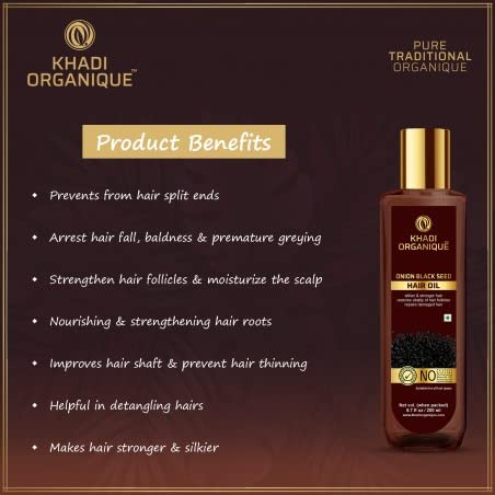 Image of Khadi Organique Onion Black Seed Hair Oil | Natural Blend with Curry Leaf & Cumin | Promotes Strong, Silky & Healthy Hair | Nourish Scalp & Helps in Hair Growth | No Mineral Oils or Silicones - 200ml