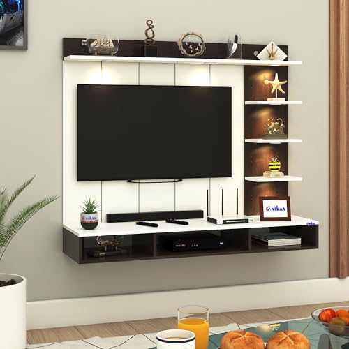 Image of Anikaa Tyron Engineered Wood Wall-Mount TV Unit with PVC Back Panel & LED Lights | TV Cabinet with Storage Box & Decorative Shelves (Wenge /White) | Ideal for TVs up to 55 Inch | DIY Installation