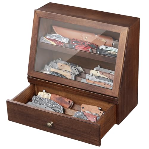 Yoimori Pocket Knife Display Case for 22–30 Folding Knives, Drawer with Removable Display Shelf, Knife Organizer Storage Box, Gift for Men