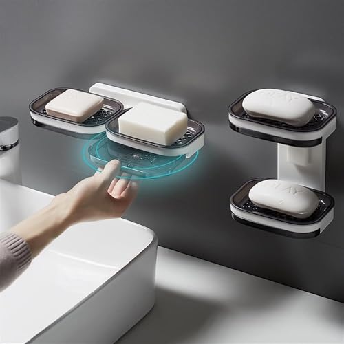 Image of Wall Mounted Double Layer Soap Dish Punch-Free Drawer Draining Holder Kitchen Sponge Storage Box Bathroom Organizer Rack Shelves (2, SOAP Holder 2 in 1)