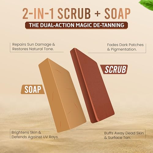 Image of Kisra De-Tan Magic Soap | 2-in-1 Exfoliating Scrub & Cleansing Bar | With 2% Kojic Acid, Niacinamide, Saffron & Walnut | Tan Removal Bath Soap for Dark Spots & Glowing Skin | For Unisex 75g (2 Pack)