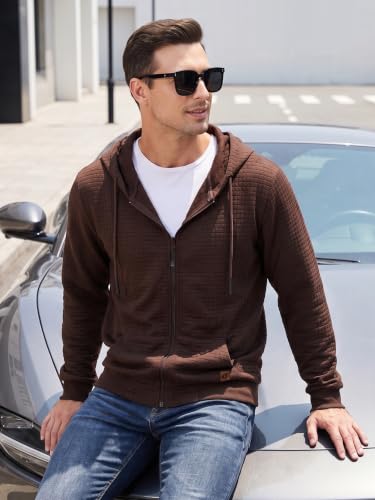 Satankud Men's Jacquard PlaidCloth Lightweight Zipper Hoodie Sweatshirt Jacket Coffee Large — view 3