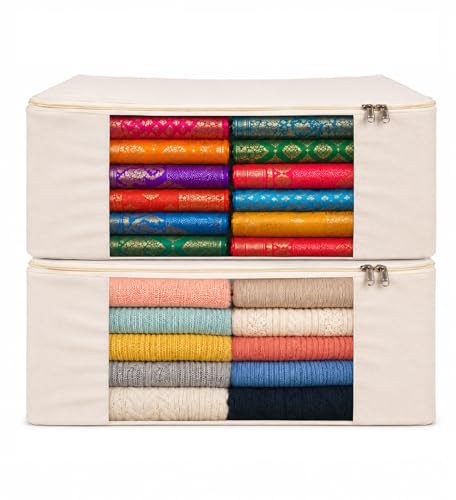 Image of Kottify 2 Pack Cotton Canvas Clothes Storage Bags /Saree Covers with Zip for Storage Specially Design for Woman Dresses, Sarees, Lehengas for Wardrobe Organizer (43cm x 36cm x 17.8cm),Beige