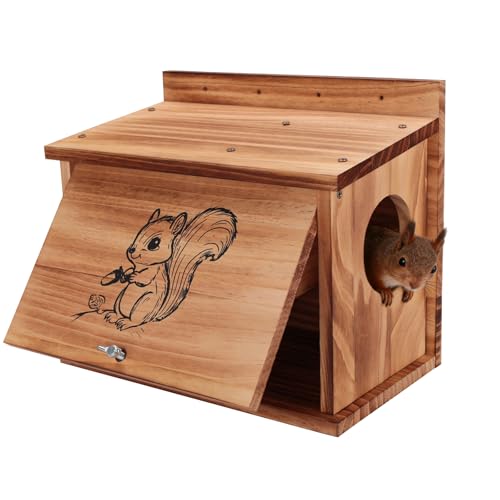 Squirrel House for Outside with Raccoon-Proof Baffle Carbonized Pine Nesting Box Outdoor Squirrel Box for Backyard Wildlife