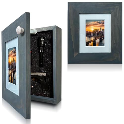 Bellewood Designs Picture Frame Hidden Gun Storage Cabinet Home Decor, 8x10 or 5x7 Picture (Gray)