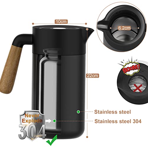 Foto von SANOTO Thermoskanne Edelstahl 1.2L, Doppelter Edelstahl Kaffeekanne Thermo | 12H Heiß, 24H Kalt | Kaffeekanne Thermo Holz, Edelstahl 304 Thermoskanne Kaffee Schwarz, Thermos Thermoskanne