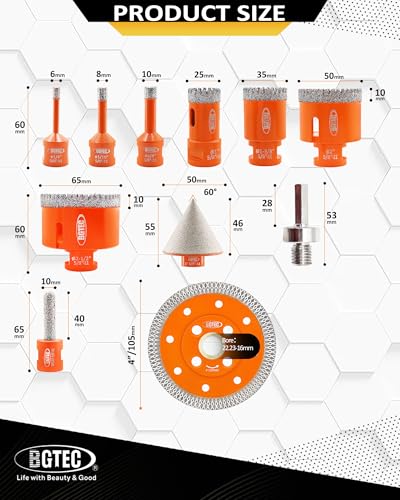Image of BGTEC Diamond Hole Saw Kit - 10PCS 6 /8 /10 /25 /35 /50 /65mm Drill Bits & 10mm Milling Finger Bit & 50mm Chamfering Bit & HEX & 100mm Tile Blade for Porcelain Tile Ceramic Granite Marble Stoneware