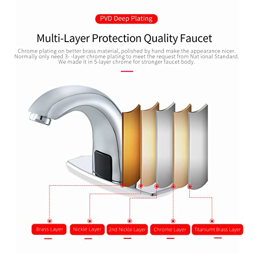 Automatic Sensor Bathroom Sink Faucet With Hole Cover Plate, Touchless, Brass, Hands Free Bath Water Tap With Temperature Mixer, 3/8" 1/2" Adapter, 3 Hoses, Large Elbow Shape Chrome Nickel Finished #TOP3