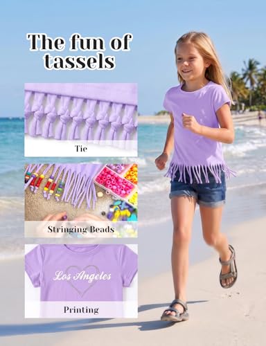 Image of Noomelfish Girls Short Sleeve Fringe T-Shirts Soft Jersey Cotton Tee Tops (3-12 Years)