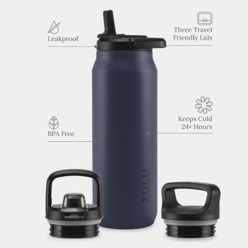 Image of ZULU Base 40oz Stainless Steel Water Bottle with 3 Lids- Straw, Chug, Twist | Double Walled and Vacuum Insulated Metal Thermos | For Gym, Outdoor | Built in Carry Loop, Dishwasher Safe, Navy