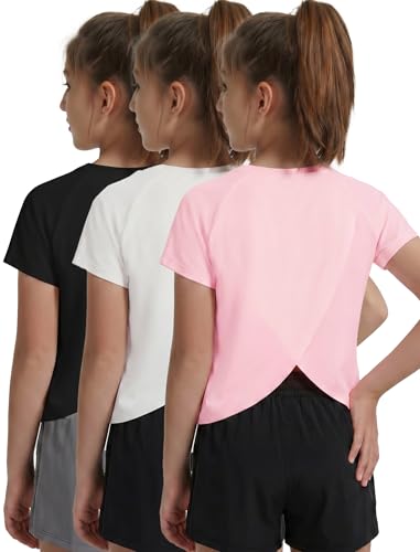 Image of EXARUS Girls Athletic Shirts Quick Dry Workout Split Back Crop Tops 6-14Y | Tween Athletic Sports Soccer Activewear Gym Running Dri Fit Teen Tennis Performance Hiking Short Sleeve Tees Kids 6-14Y