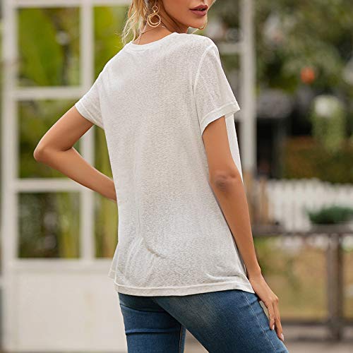 Fvbhty Women's Tunics Monochrome Summer With Pockets Blouses Short Sleeve T-Shirt Baggy Shirt White - Plain #TOP2
