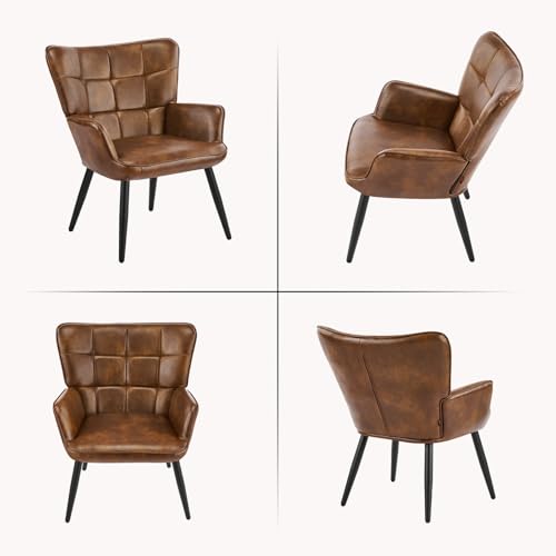 Fauteuil scandinave cuir PU rembourré brun Ckaff