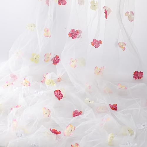 Hahafelt 1.86 x 5.47 yd White 3D Embroidered Floral Tulle Multicolor Floral Mesh Lace Fabric, Suitable for DIY Clothing, Prom Dresses, Curtains, Wedding Party Decorations