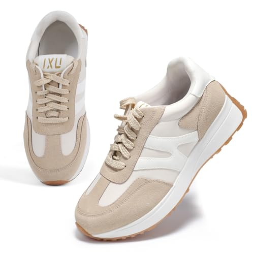 Wide Toe Box Shoes Women Wide Fashion Sneakers Comfortable Casual Walking Non-Slip Memory Foam Tennis Shoes Genuine Suede Sneakers Apricot