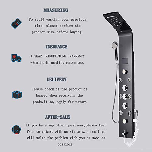 Suguword Shower Panel Tower System LED Bathroom Waterfall Rainfall Shower Head 8 Functions Stainless Steel Shower Column Tower with 6 Massage Jets and Hand Sprayer Wall Mounted,Black - Thumbnail 5