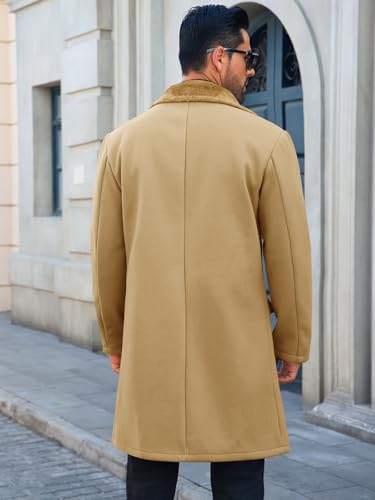 Image of Runcati Mens Trench Coat Double Breasted Notched Collar Fleece Jacket Slim Fit Fall Winter Fuzzy Pea Coats Warm Overcoat