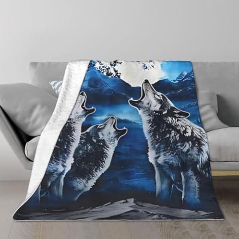 Wolf Blanket - 80x60-Inch Printed Howling Wolf Moon Blanket - Plush Thick 8lb Faux Mink Queen Throw for Couches, Sofas, or Beds by Lavish Home Cover