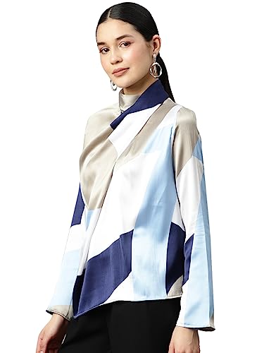 Image of IVES Women's Blue Printed High Neck Top High Neck Hook and Eye Standard Length Full Sleeve Polyester Western Casual and Office Wear Good Choice for Women and Girls