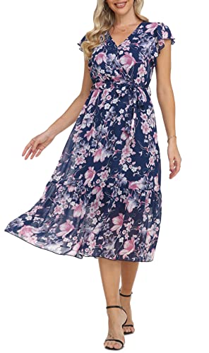 Damen Casual Midi Kleid Blumenwickel V-Ausschnitt Chiffon Kleider A-Linie Plissiertes Kleid mit Gürtel