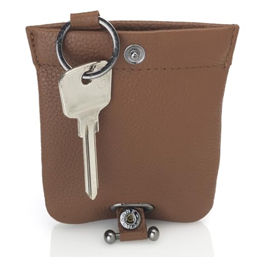 Josephine Osthoff Estuche de cuero con protección RFID – Gran campana para llaves para hombres y mujeres, con clip metálico y cierre a presión (Modelo 968) – Caramelo