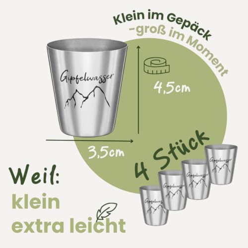 Gipfelgaudi Gipfelwasser Stamperl inkl. Etui I 4 Stamperl im Lederetui mit Karabiner I Federleichte Stamperl aus rostfreiem Edelstahl