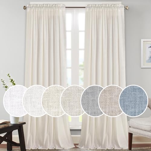 PrinceDeco Linen Curtains 96 Inch Long Rod Pocket Window Drapes Light Filtering Panel for Living Room/Bedroom Modern Farmhouse Vertical Drapes 2 Panels (Natural, 52" W x 96" L)