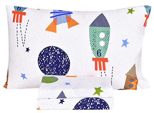 Image of Scientific Sleep Outer Space Airship Rocket Star Explore Teen Boys Girls Cotton Cotton Twin Bed Sheet Set, Flat Sheet & Fitted Sheet & Pillowcase Bedding Set (Space, Twin)